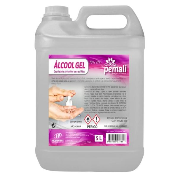 Gel alcoólico antisséptico de mãos Pemali 5L para desinfeção sem água, eficaz contra bactérias e fungos.