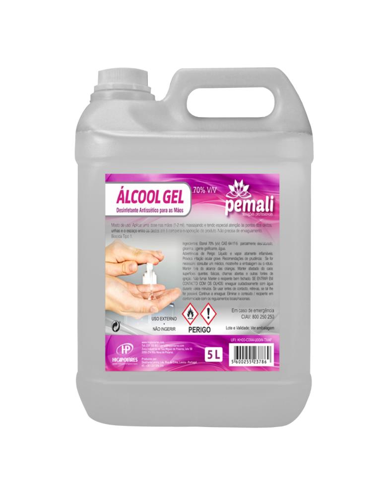 Gel alcoólico antisséptico de mãos Pemali 5L para desinfeção sem água, eficaz contra bactérias e fungos.