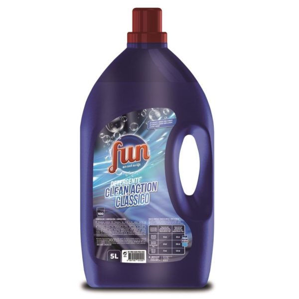 Detergente líquido concentrado Fun Clean Action Clássico 5L para lavagem de roupa eficaz a baixas temperaturas.