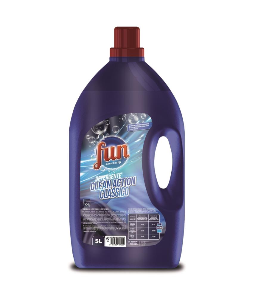 Detergente líquido concentrado Fun Clean Action Clássico 5L para lavagem de roupa eficaz a baixas temperaturas.
